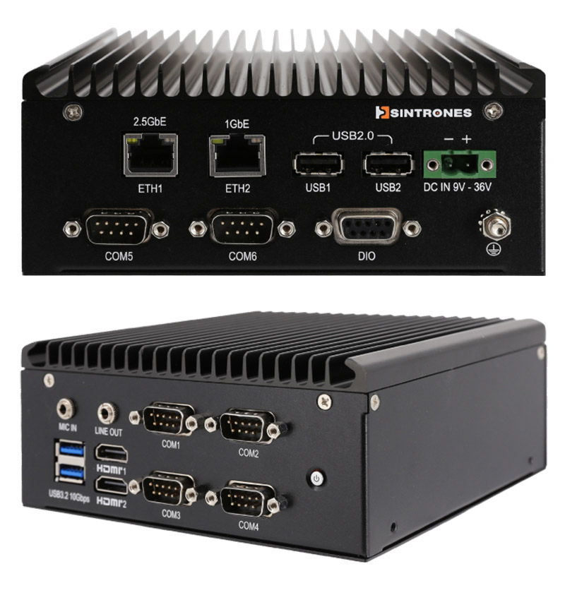 Sintrones SBOX-2624 Embedded Computer (AMD Ryzen R2312, 2x HDMI, 1x 2.5GbE, 1x GbE, 6x COM, DC-IN 9-36V)